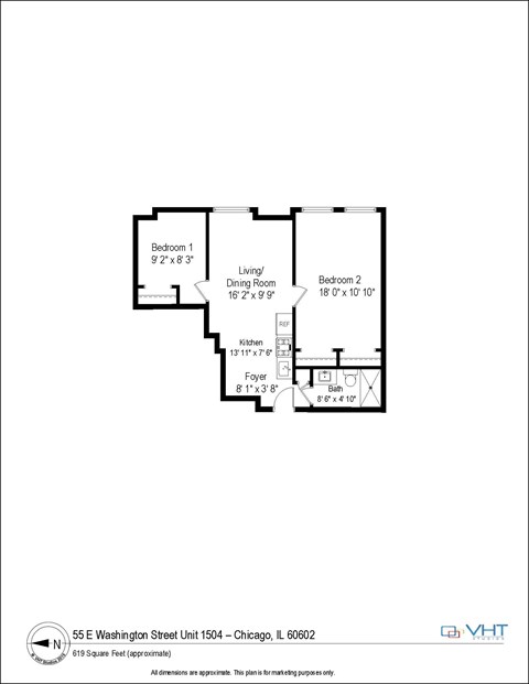 Floor plan for 2 beds, 1 bath, 619 sqft